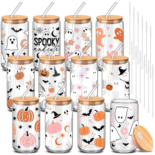 Detailed 12 Pcs Halloween Ghost Glass Cups Bulk 16 oz Cute Pink Spooky Iced Coffee Cup with Lids Straws Pastel Pumpkin Bat Tumbler Funny Halloween Mug Gifts Boo Basket Stuffers for Her Women Adults 12 Count Recyclable