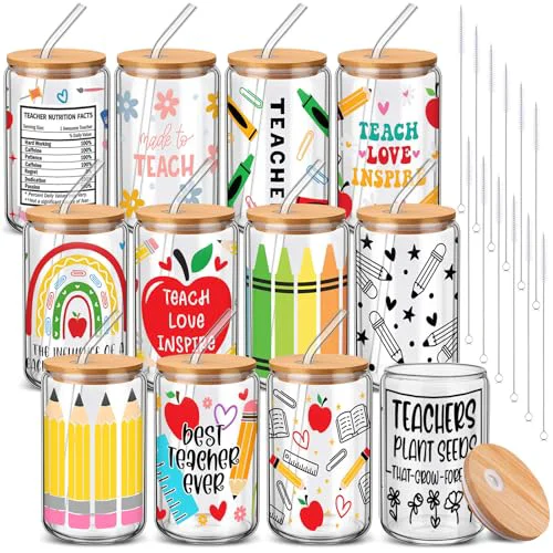Healthy 12 Sets Back to School Teacher Gifts Bulk 16 oz Apple Crayon Pencil Glass Cup with Lid and Straw Iced Coffee Tumbler for Teacher from Students First Day of School Party Favors 12 Count High-Quality