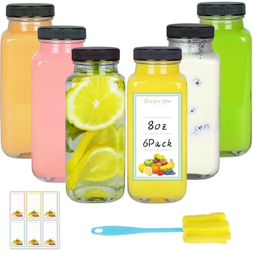 Genuine 6 Pack 8oz Glass Juice Bottles with Lids Fine Crafted