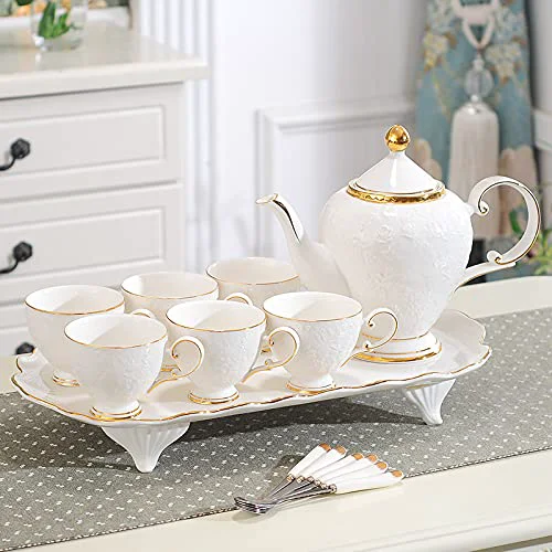 Dependable Porcelain Tea Set Tea Gift Sets with Tray Tea Cup Teapot Set Tea Pot with 6 Cups Modern Tea Set for Tea Coffee Water White Minimalist