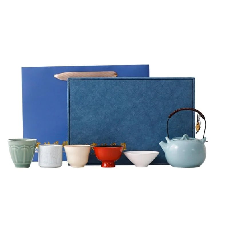 Exceptional Five Famous Kiln Clay Pot Tea Set 6 Piece Teapot with Handle Gift Box Ceramic Item Solid