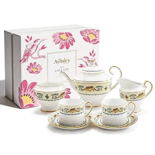 Specialty 7 Pieces Porcelain Bone China Tea Sets Gold Rim Coffee Set British Tea Cups and Saucers Elegant