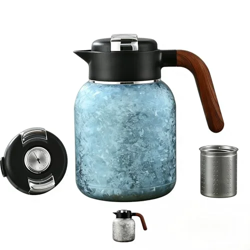 World-Class 51oz 1500ml Titanium Teapot with Infuser Lid Accurate temperature measurement Ice-Flake Pattern Large capacity coffee kettle Wooden Handle water bottle Gift Box Set blue Green