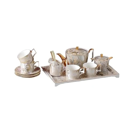 Smooth Marble Pattern Porcelain Tea Set with Gold Accents Original