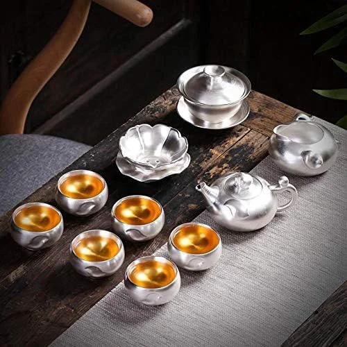 World-Class 999 Sterling Silver Tea Set Kung Fu Tea Cup Set with Silver Set Tea Home Ceramic Teapot Lid Bowl for Gift Convenient