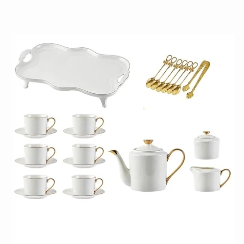 Clean 21 Piece White Porcelain Coffee Tea Gift Sets for Adults Ceramic Tea Cups and Saucer Service for 6 Selected