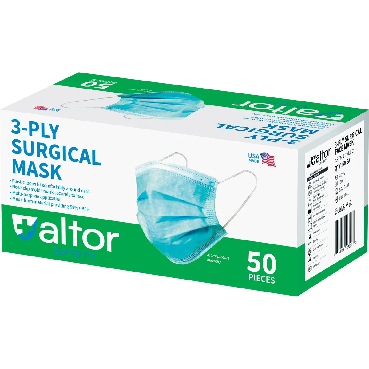 High-Quality Altor Safety Disposable 3-Ply Surgical Face Mask 50-Pack Verified