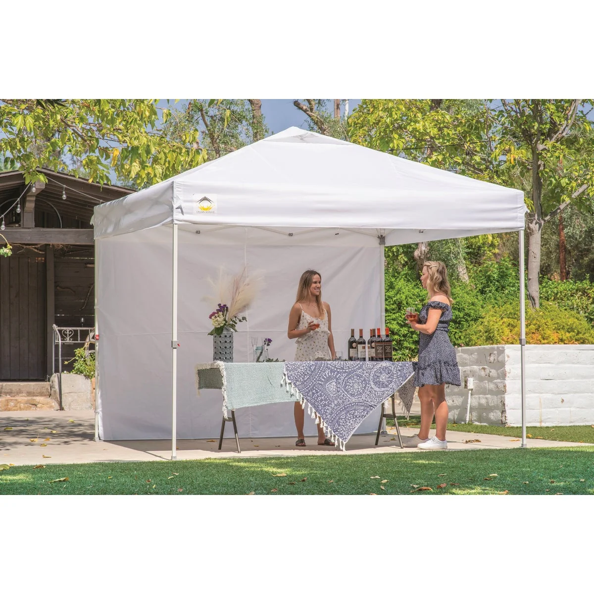 First-Class Crown Shade 10 Ft. x 10 Ft. White Steel Frame White Commercial Canopy with 1 Side Wall Recyclable