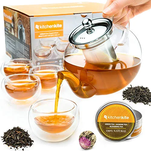 Enhanced Glass Teapot Set with 4 Double Wall Tea Cups Removable Stainless Steel Infuser Classic