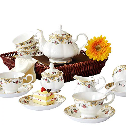 Traditional Utility Porcelain Tea Sets Afternoon Tea Set Bone China Coffee Cup and Saucer Gift Set Teapot Sugar Bowl Cream Pitcher British Royal Wedding Tea Service for Adults Teapots Solid