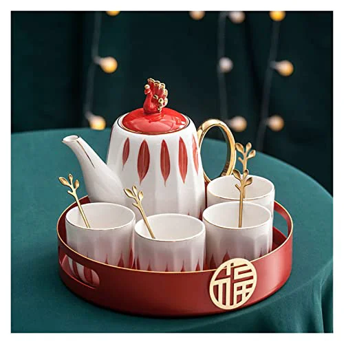 Relaxed Iced Tea Pitchers Ceramic Luxury Tea Set Household Flower Tea Pot Water Kettle Cup Set Teaware 1 Teapot 4 Cups with Tray for Wedding Gift for Home Kitchen Coffee Cup A Secure