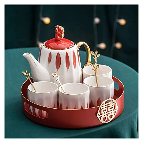 Iced Tea Pitchers Ceramic Luxury Tea Set Household Flower Tea Pot Water Kettle Cup Set Teaware 1 Teapot 4 Cups with Tray for Wedding Gift for Home Kitchen Coffee Cup C Stylish
