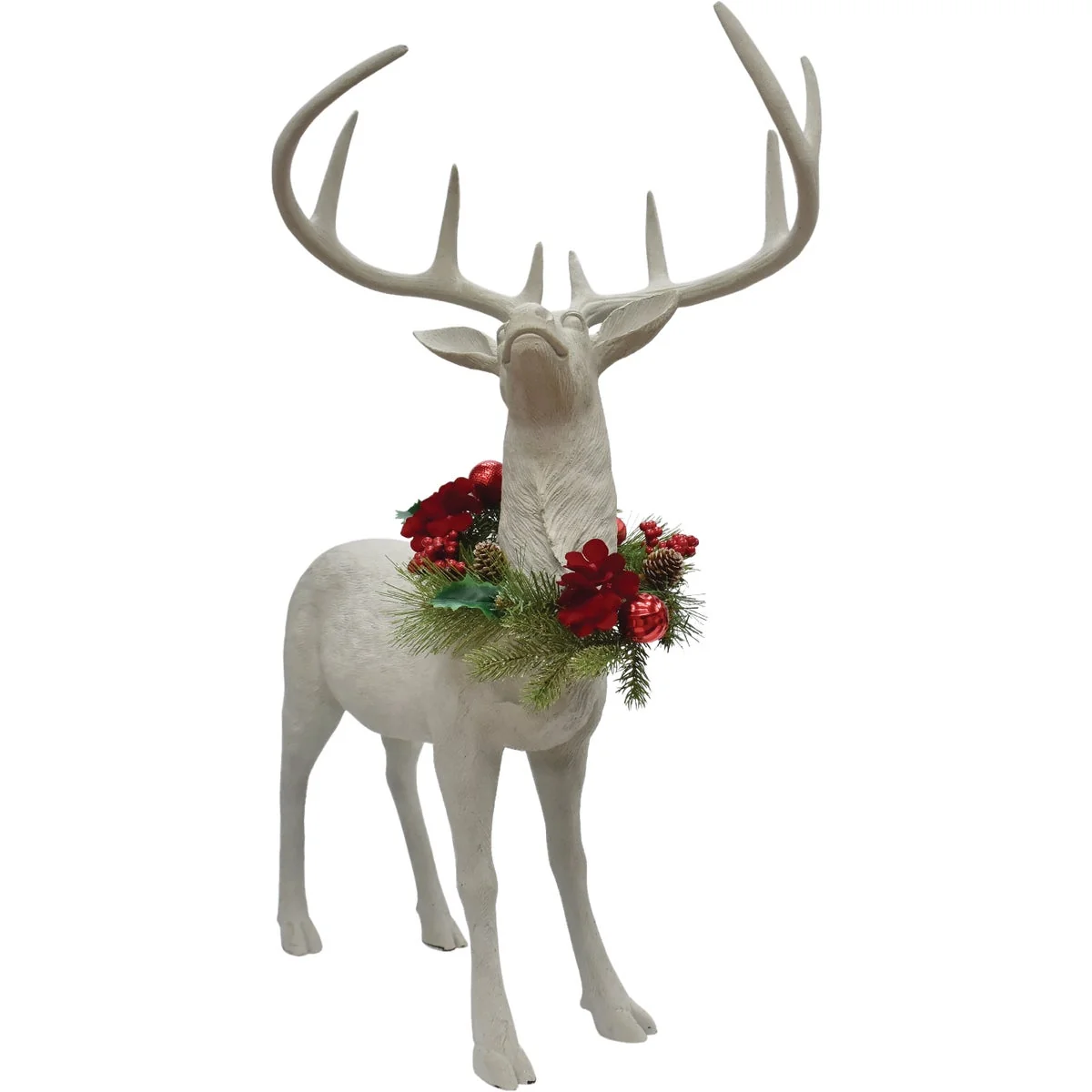 Fine 34 In. White Standing Deer with Removeable Floral Wreath Expertly Made