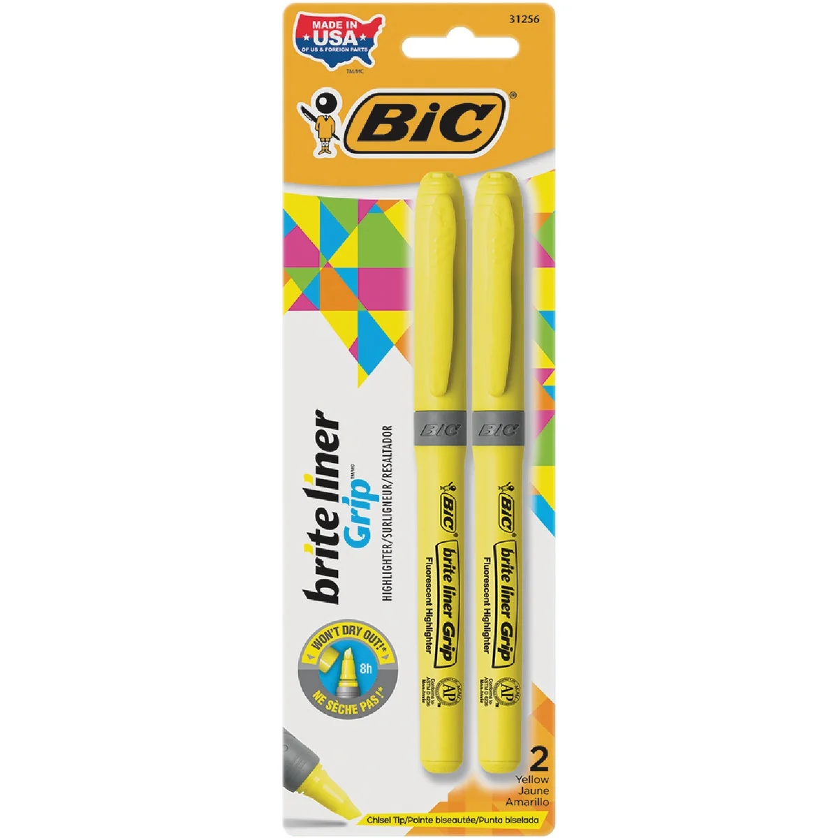 Carefully Designed Bic Brite Liner Grip Chisel Tip Yellow Highlighter 2-Pack Exceptional