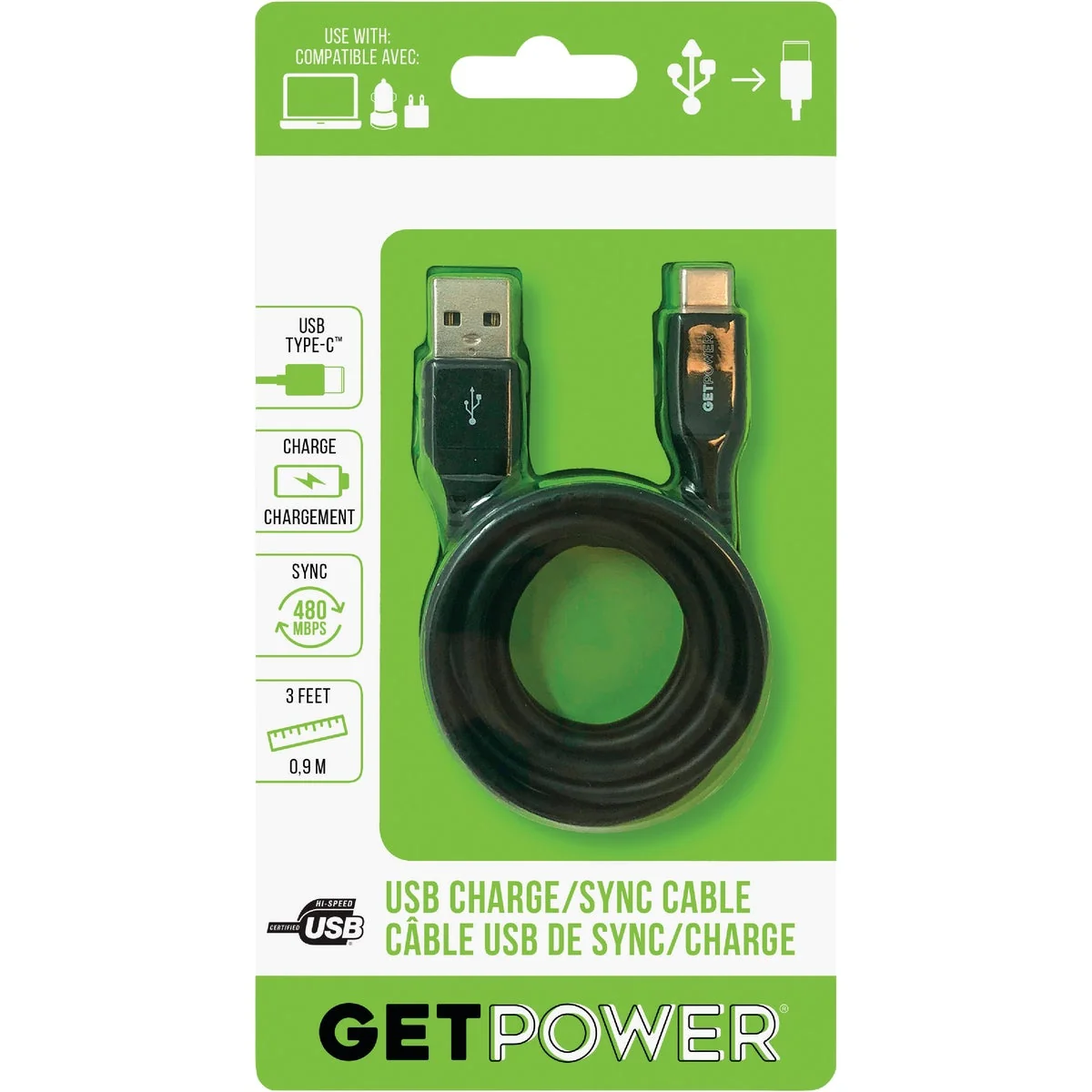 Pure GetPower 3 Ft. Black USB-C to USB-A Charge Sync Cable Trendy