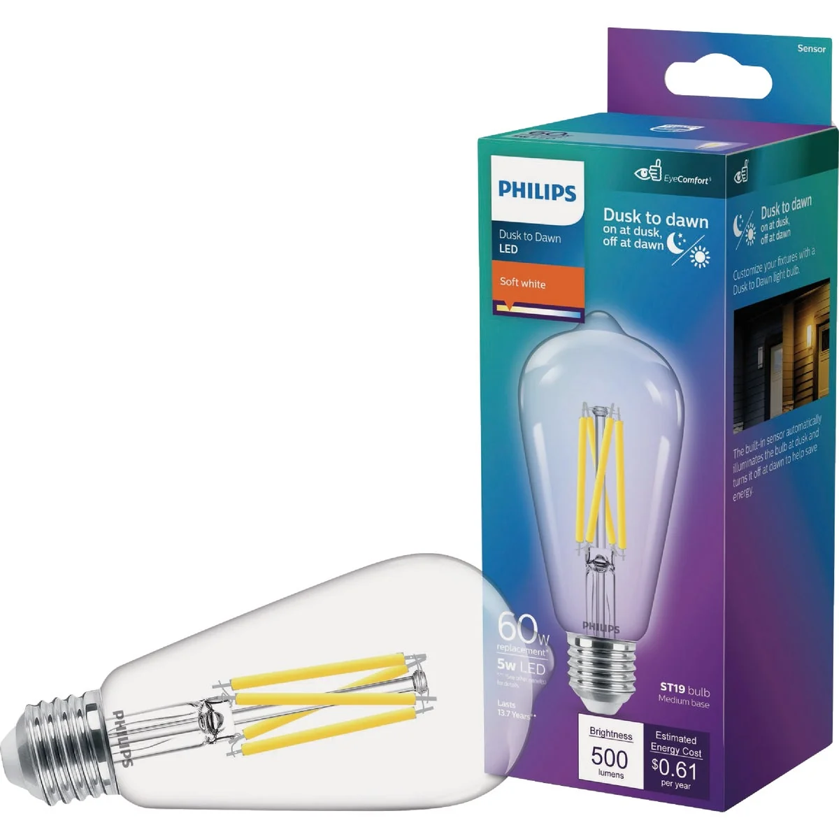 Flexible Philips 60W Equivalent Soft White ST19 Dusk to Dawn LED Decorative Light Bulb Comfortable