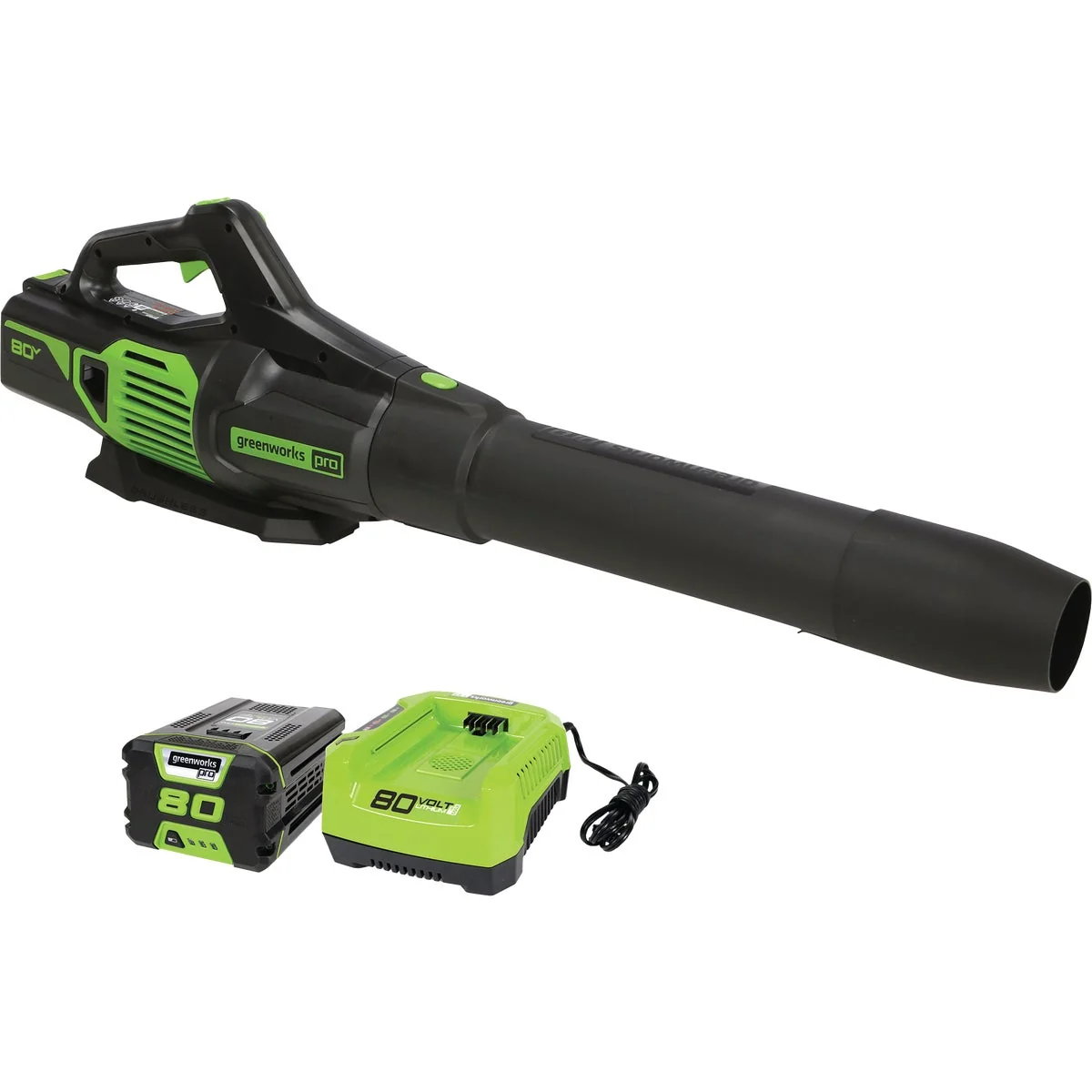 Genuine Greenworks 80V 730 CFM 170 MPH Handheld Leaf Blower with 2.5 Ah Battery Rapid Charger Durable