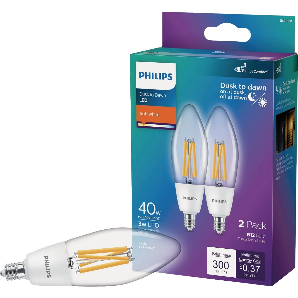 Enhanced Philips 40W Equivalent Soft White B11 Dusk to Dawn LED Decorative Light Bulb 2-Pack Pure