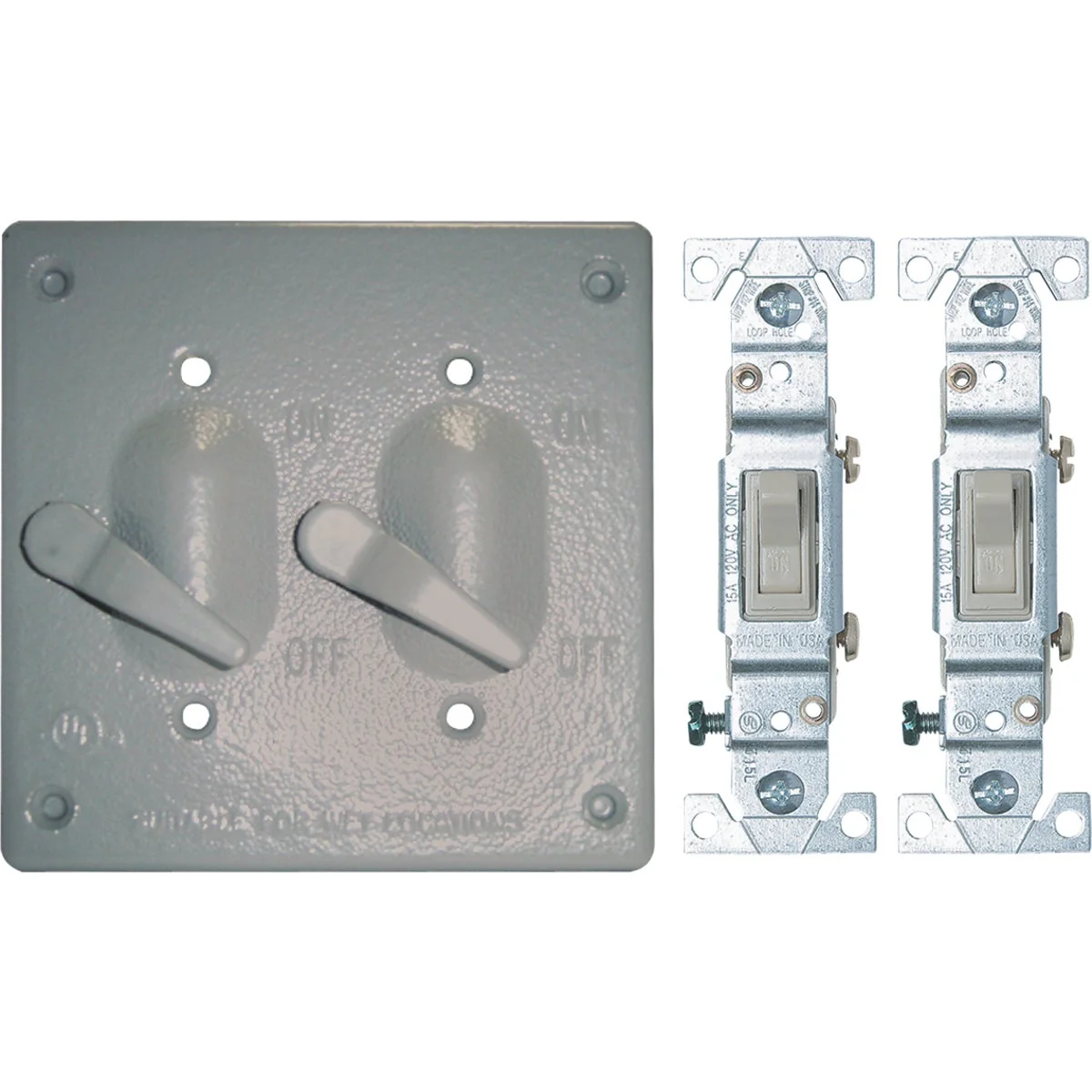 Original Southwire 2-Toggle Vertical Mount Gray Weatherproof Cover with 2 Single Pole 15A Switches Fine Crafted