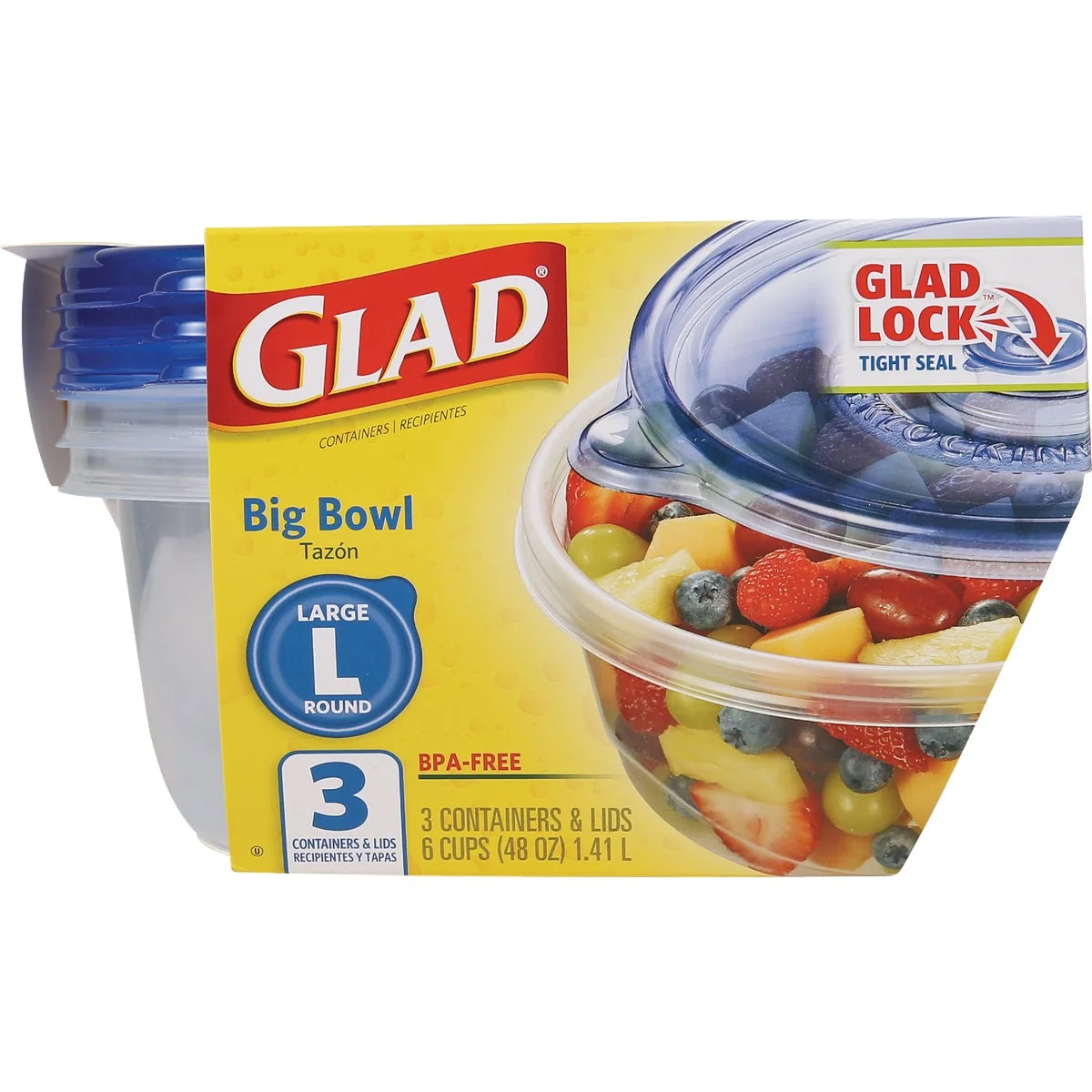 Certified Glad 48 Oz. Clear Round Big Bowl Container 3-Pack Green
