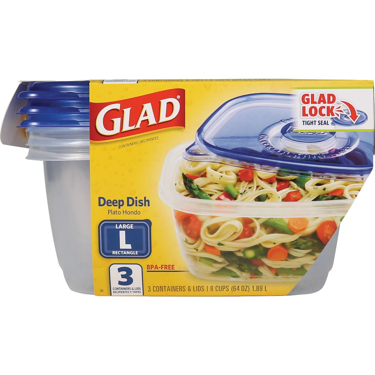 Official Glad 64 Oz. Clear Rectangle Deep Dish Container 3-Pack Easy-to-Use