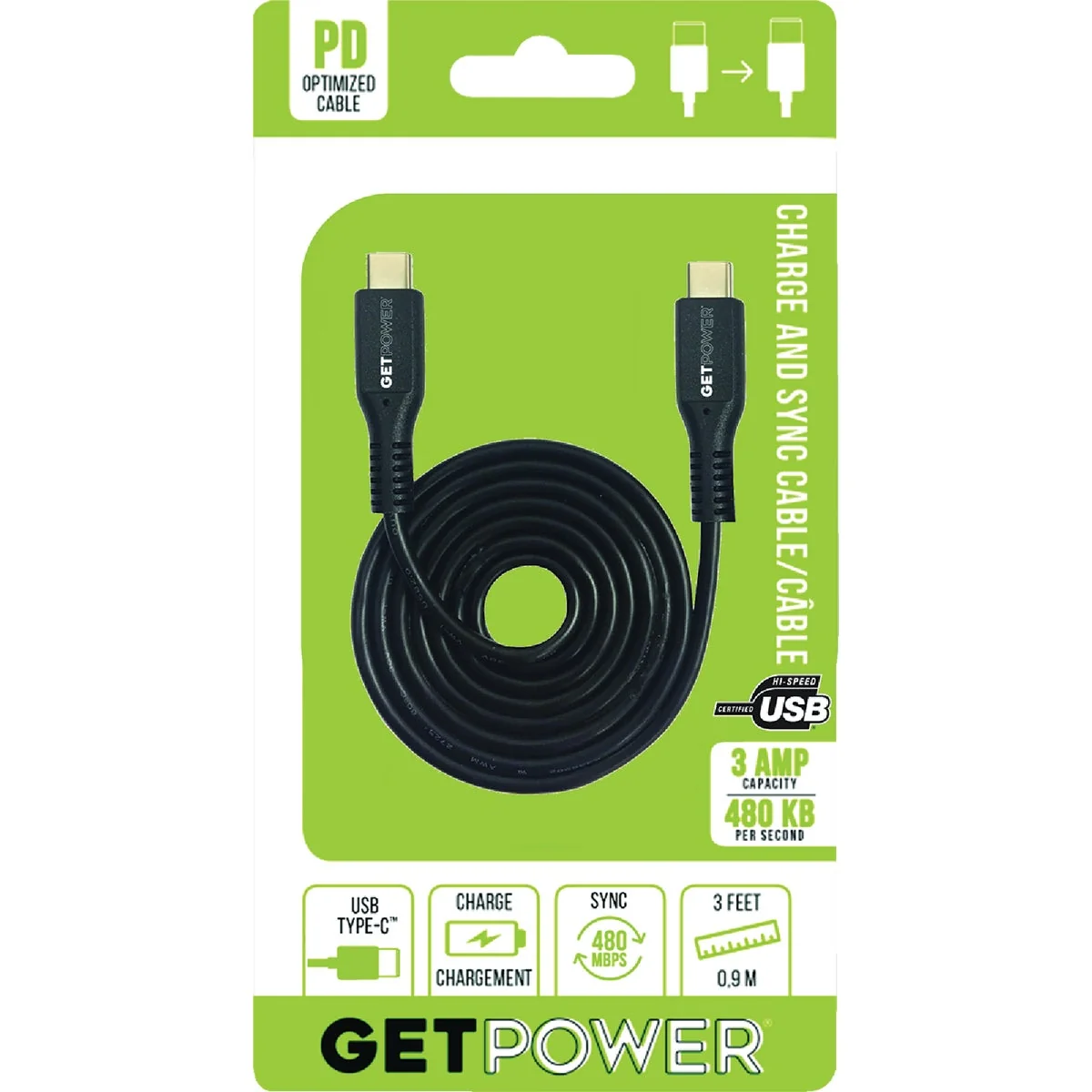 Enhanced GetPower 3 Ft. USB-C to USB-C Cable Fast