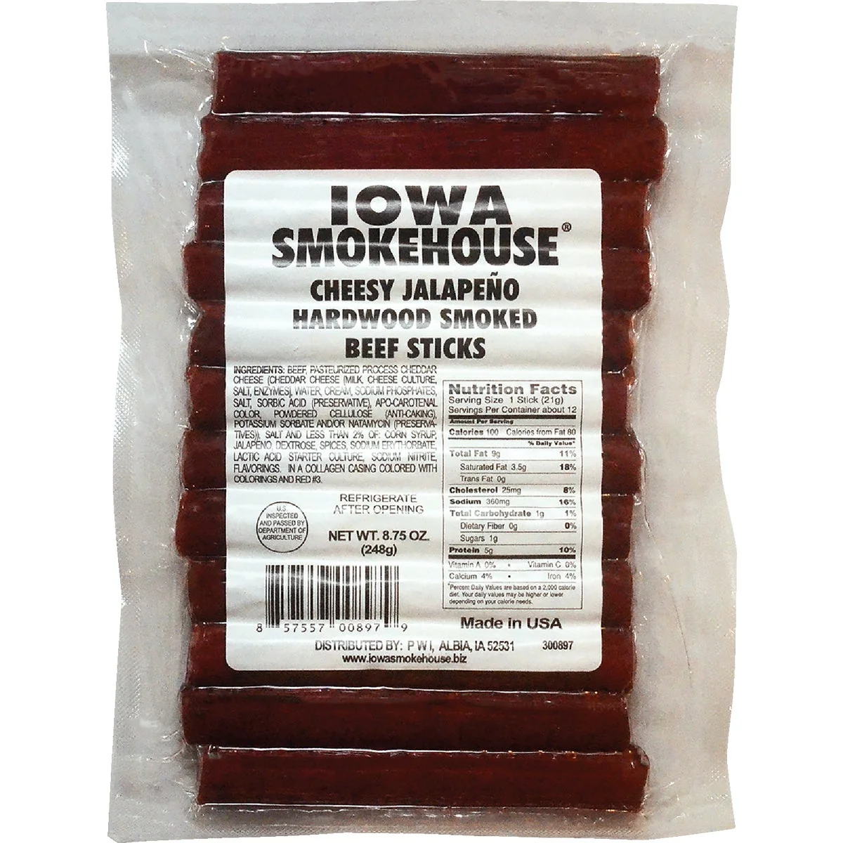 Green Iowa Smokehouse 8.75 Oz. Cheesy Jalapeno Hardwood Smoked Beef Sticks Organic