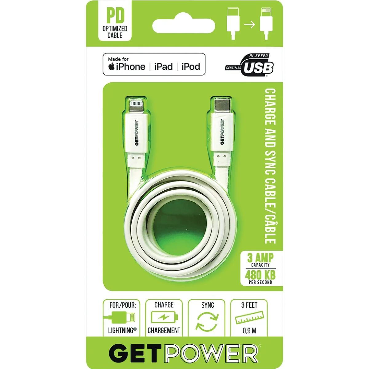 Traditional GetPower 3 Ft. USB-C to Apple MFI Lightning Cable Recyclable