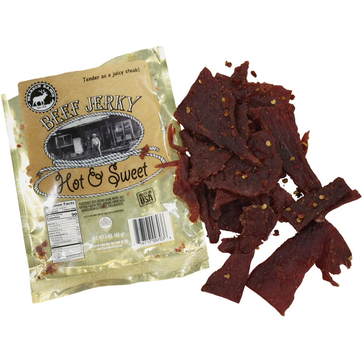 Official Pearson Ranch Jerky 3 Oz. Hot Sweet Premium Whole Muscle Jerky Crafted