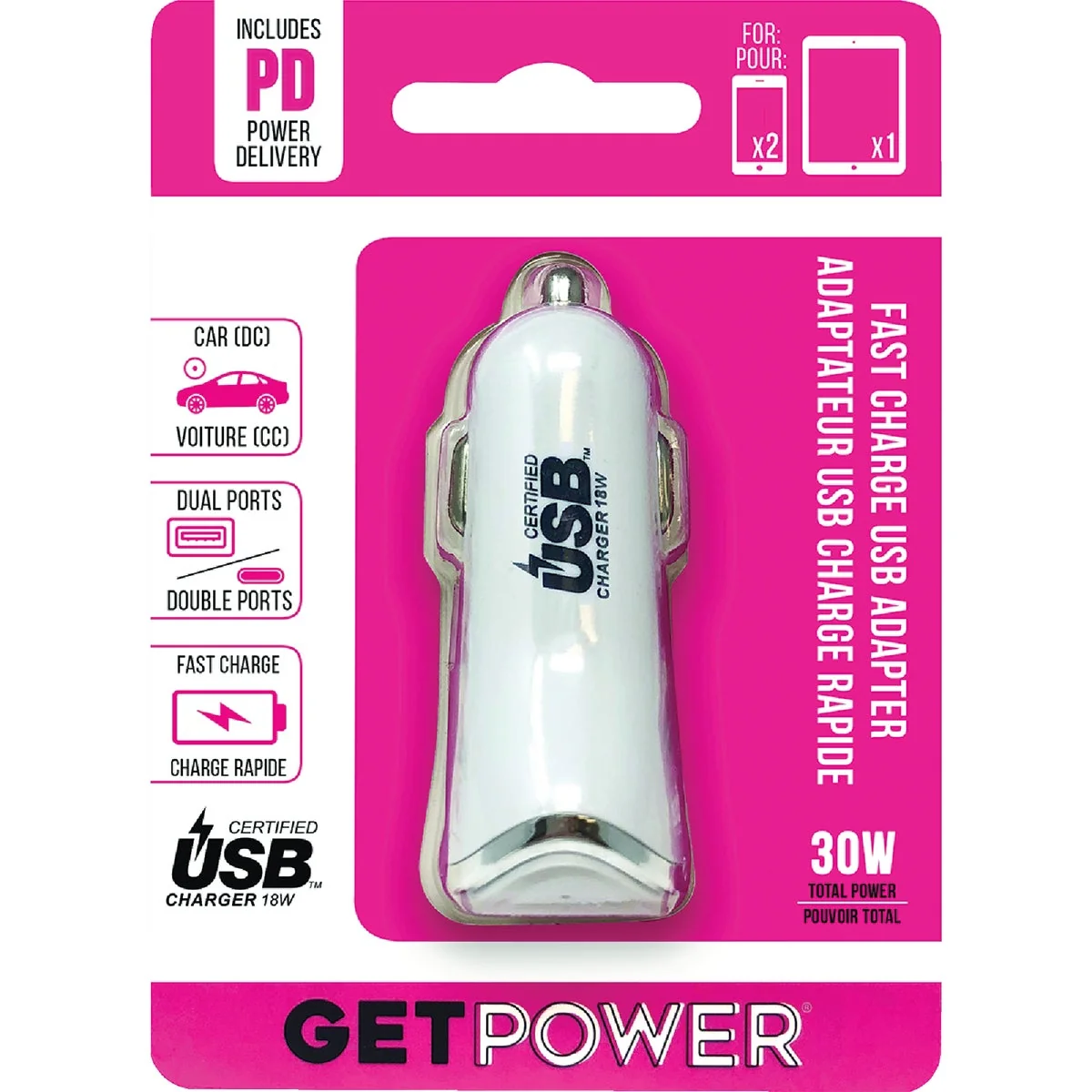 High-Performance GetPower 30W Dual USB DC Adapter White Eco-Friendly