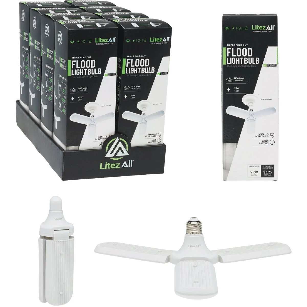 Classic LitezAll Triple Fold-Out A C Powered LED Floodlight Bulb Contemporary