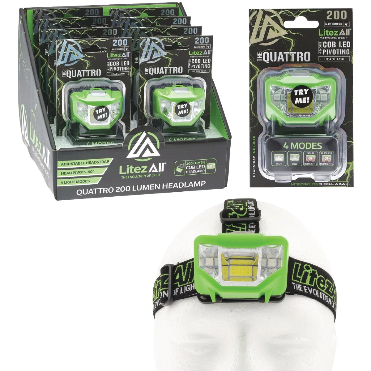 Clean LitezAll Quattro 200 Lm. LED 3AAA 4-Mode Headlamp Stylish