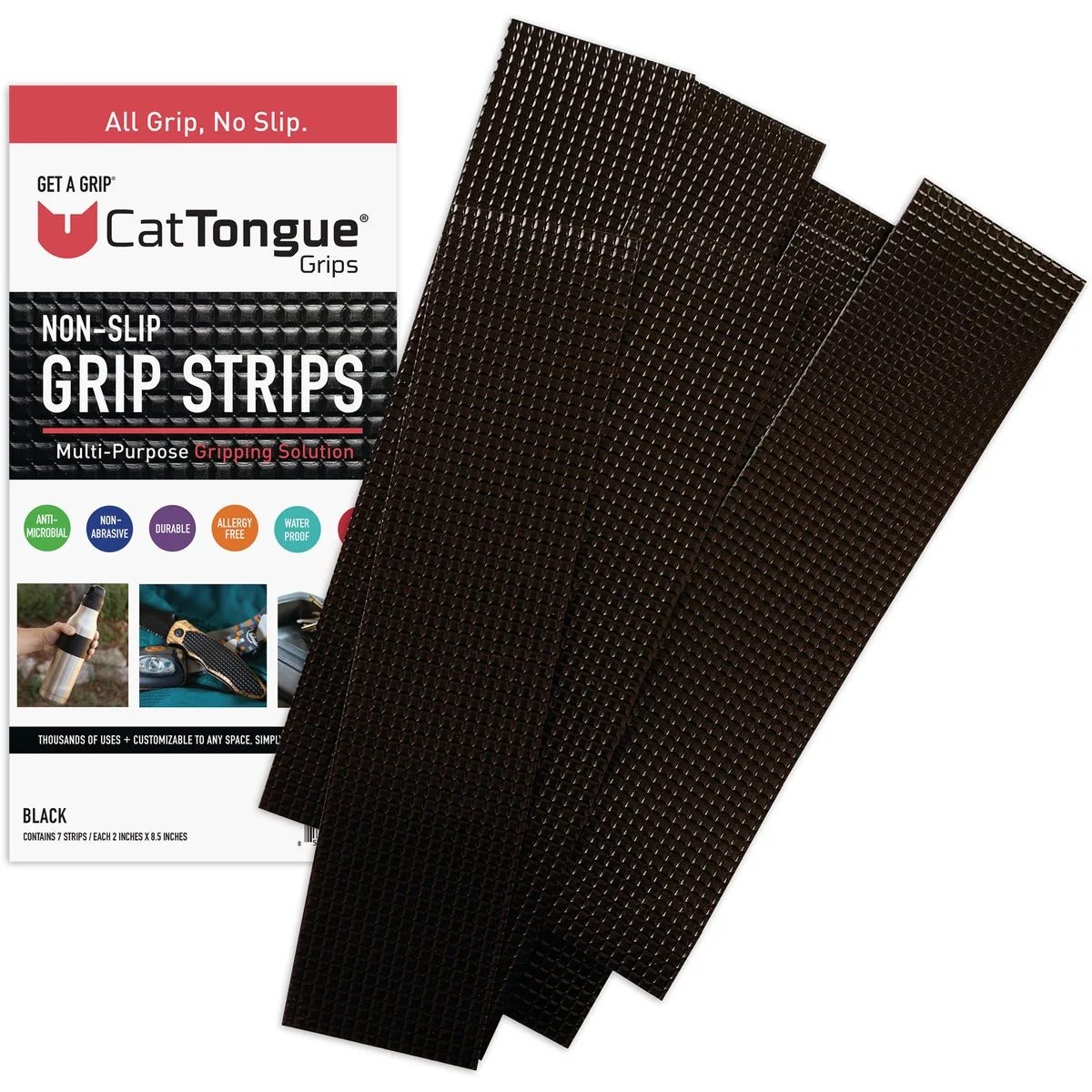 Minimalist CatTongue Grips Gription 2 In. W. x 8 In. L. Black Non-Abrasive Anti-Slip Strips 7-Pack Classic