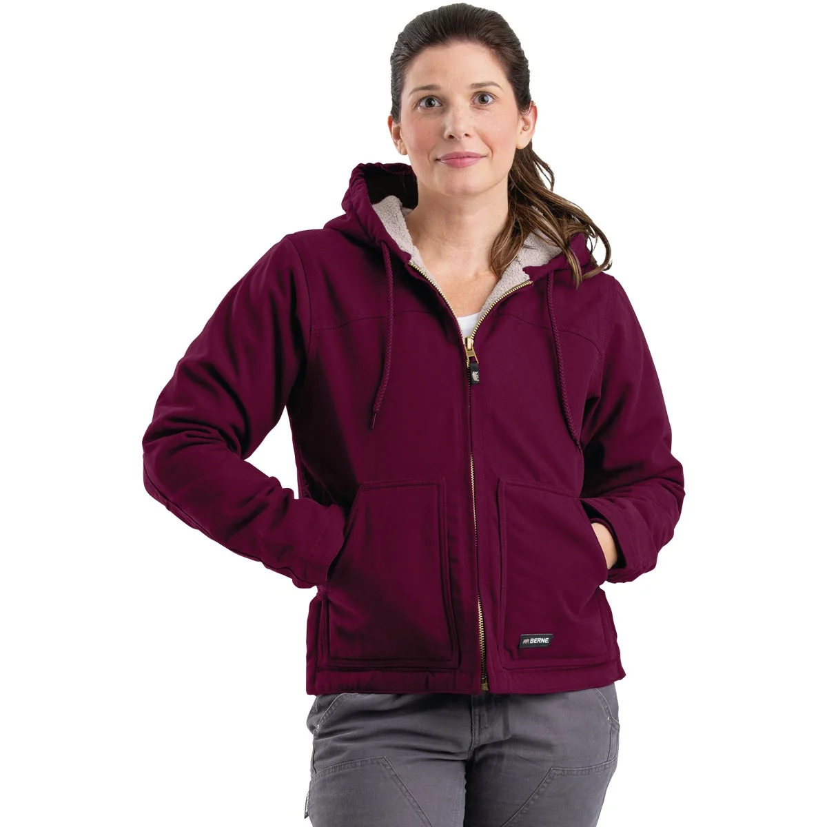 Trendy Berne Women's Medium Plum Sherpa-Lined Softstone Duck Hooded Jacket Relaxed