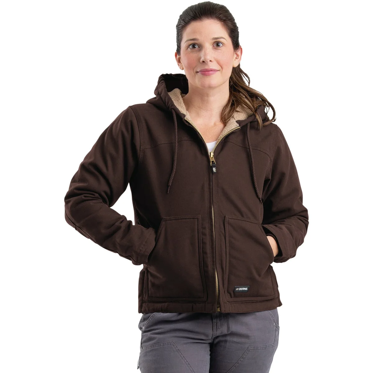 Berne Women's 2XL Dark Brown Sherpa-Lined Softstone Duck Hooded Jacket High-Performance