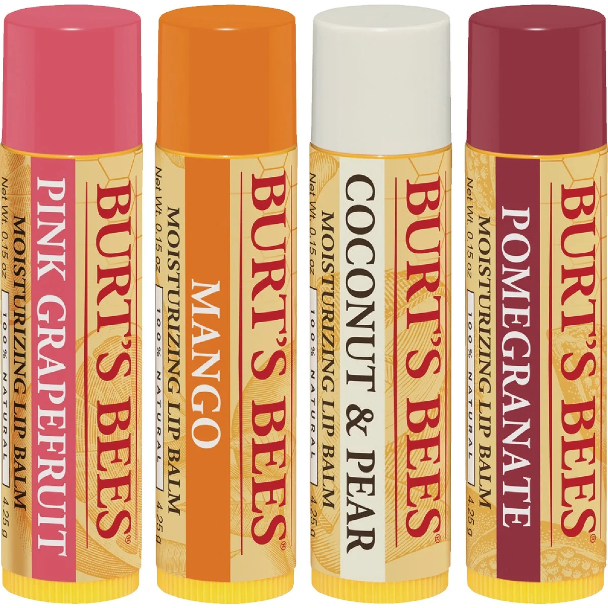 Professional Burt's Bees Super Fruit Pink Grapefruit Mango Coconut Pear and Pomegranate Lip Balm 4-Pack Reusable