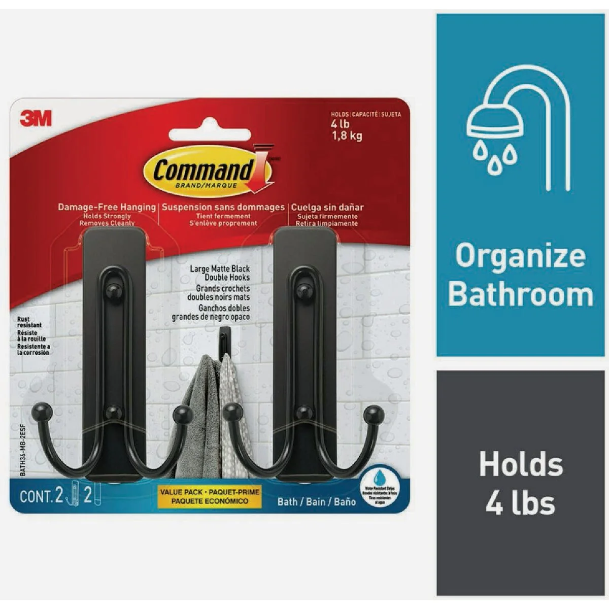 Certified Command Large Double Bath Hook Matte Black 2 Hooks 2 Strips Trendy