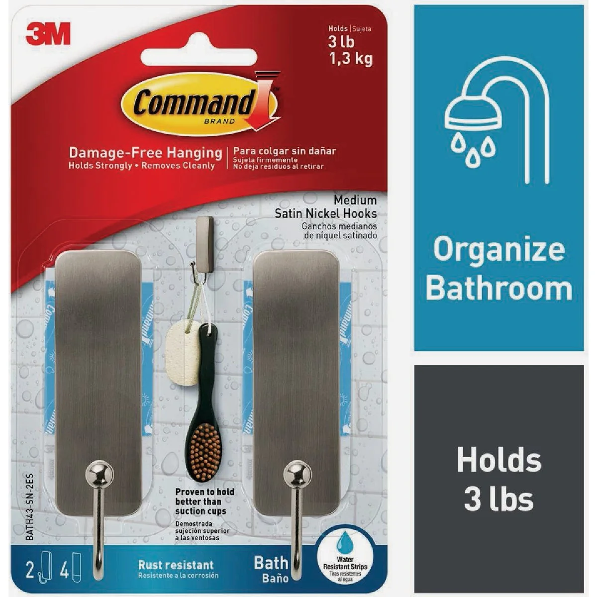 Fashionable Command Medium Bath Hooks Satin Nickel 2 Hooks 4 Strips Modern