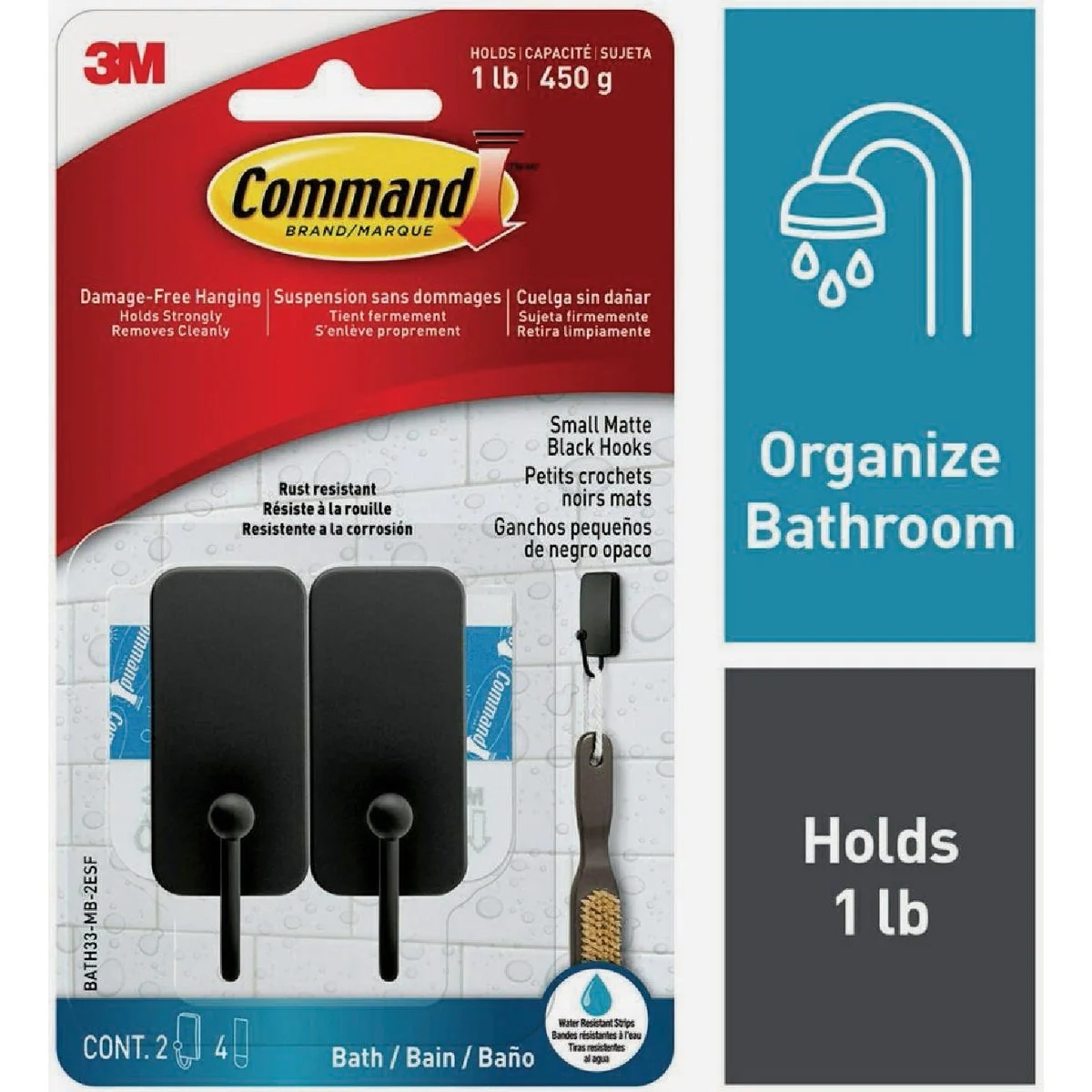 Comfortable Command Small Bath Hook Matte Black 2 Hooks 4 Strips Excellent