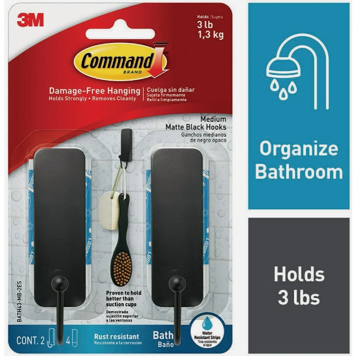 Versatile Command Medium Bath Hooks Matte Black 2 Hooks 4 Strips Original