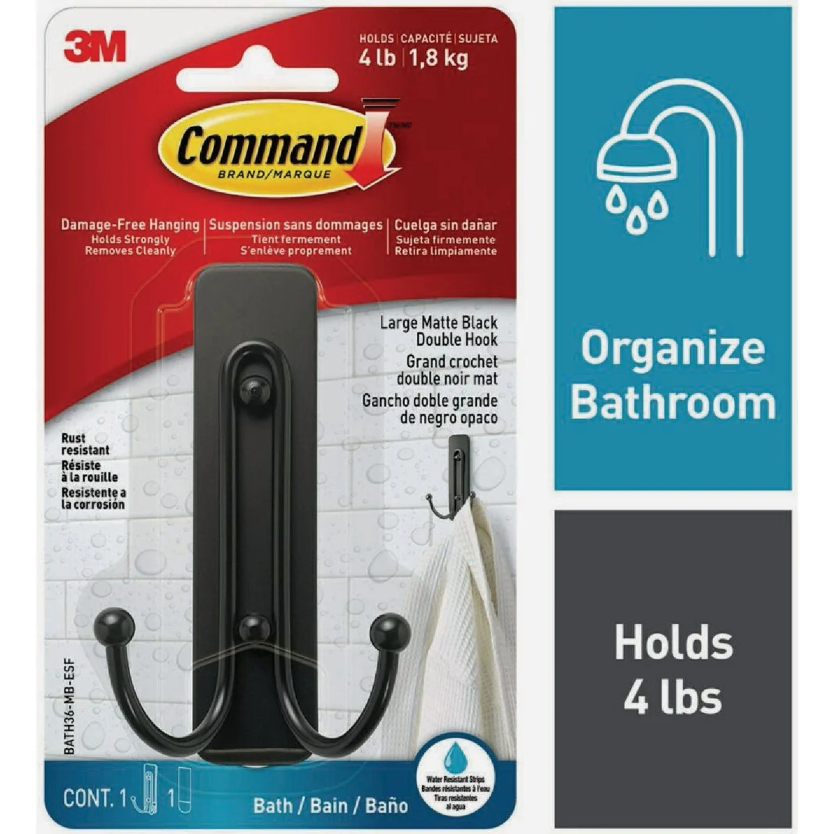 Dependable Command Large Double Bath Hook Matte Black 1 Hook 2 Strips Relaxed