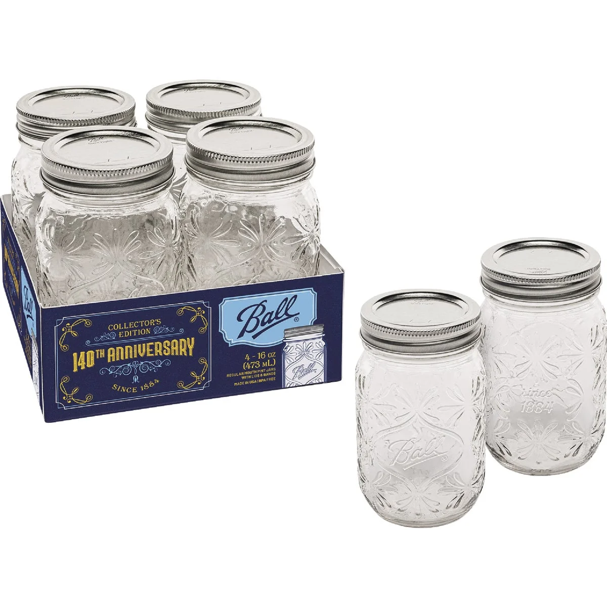Fine Ball 16 Oz. Regular Mouth 140th Anniversary Keepsake Mason Jars 4-Pack Practical