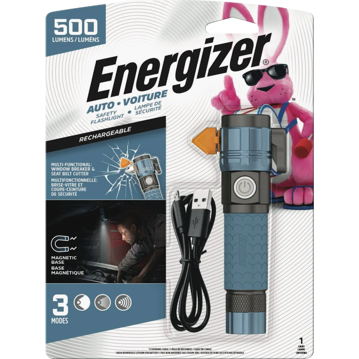 Luxury Energizer 500 Lm. LED Metal Rechargeable Automotive Safety Flashlight Certified