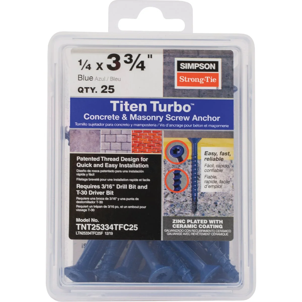 High-Grade Titen Turbo 1 4 in. x 3-3 4 in. 6-Lobe Flat-Head Concrete and Masonry Screw Blue 25-Qty Fine Crafted