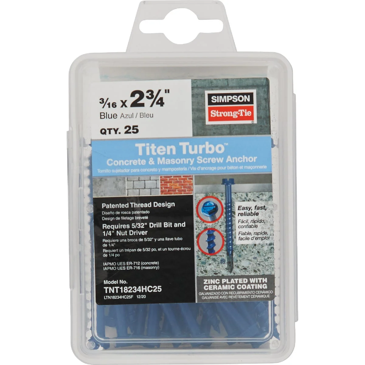 Original Design Titen Turbo 3 16 in. x 2-3 4 in. Hex-Head Concrete and Masonry Screw Blue 25-Qty Practical