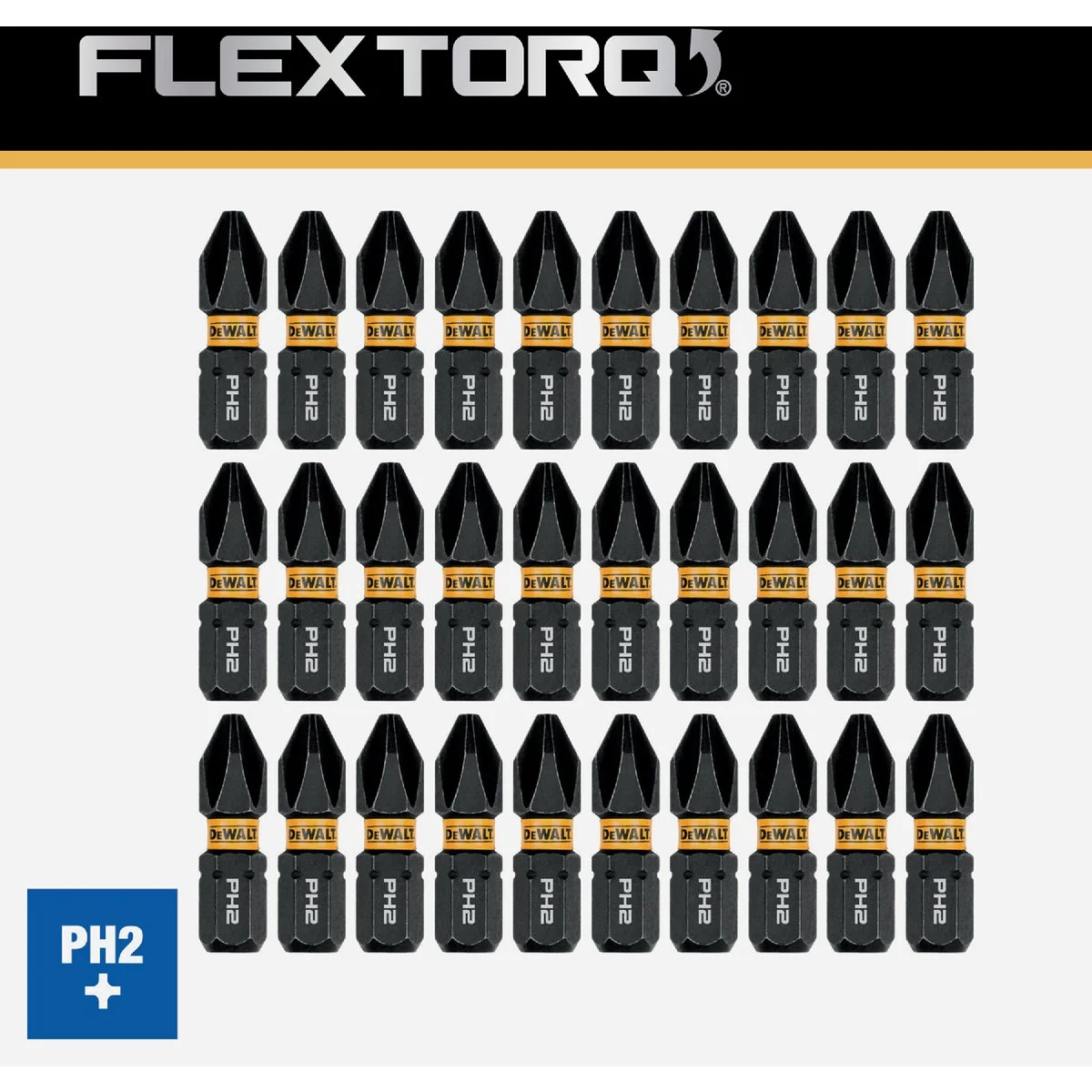Official DEWALT FlexTorq 1 In. 2 Phillips Impact Screwdriver Bit 30-Pack Soft
