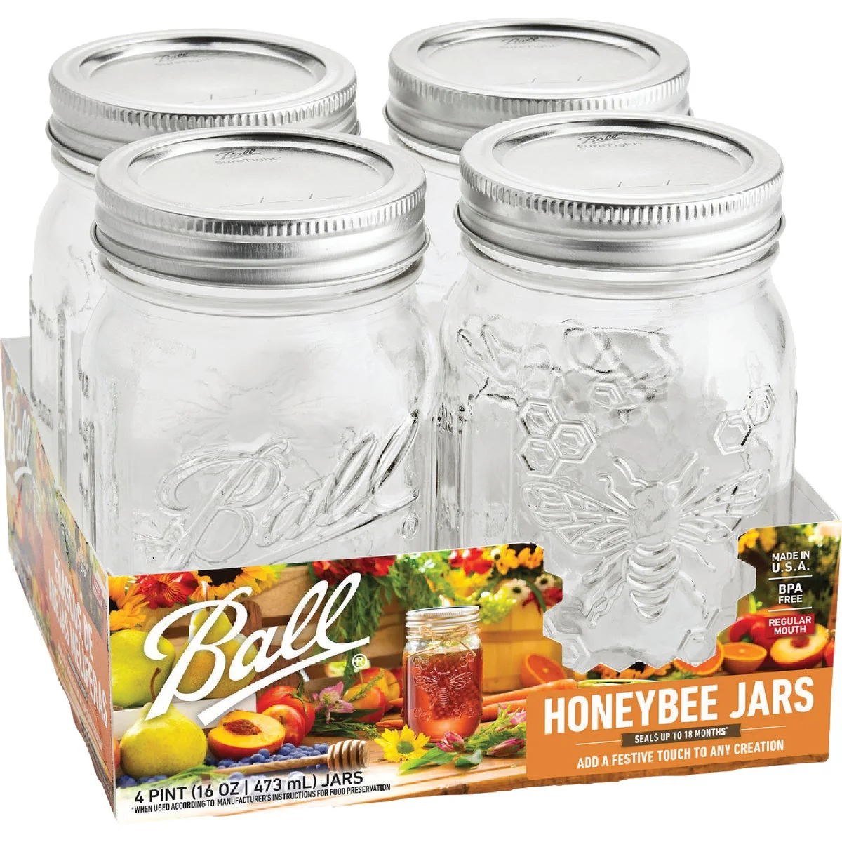 Flexible Ball 16 Oz. Regular Mouth Honeybee Jar 4-Pack Durable