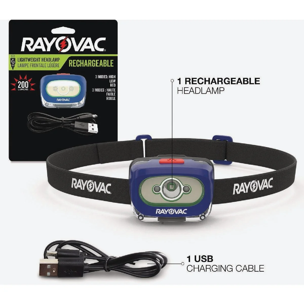 High-Performance Rayovac 200 Lm. LED Rechargeable Headlamp Premium Material