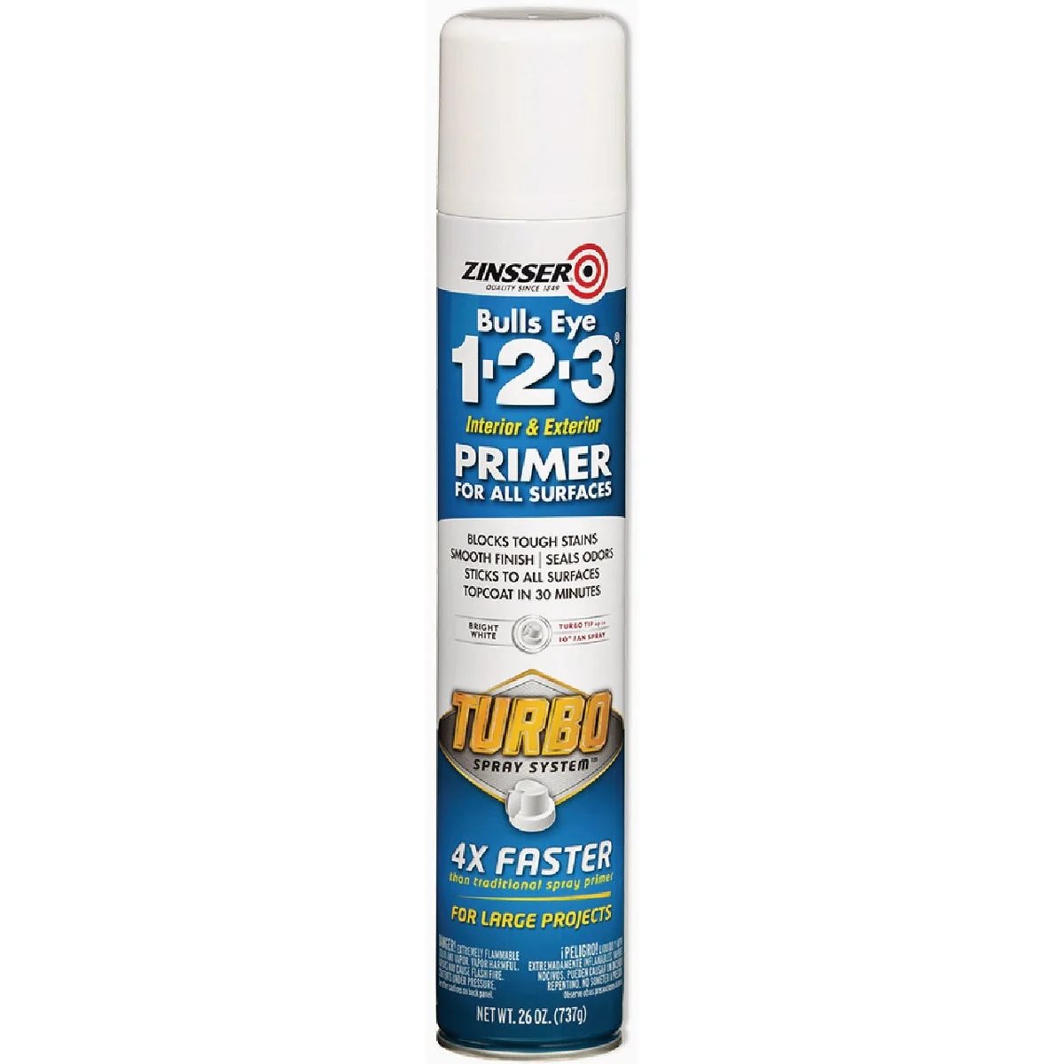 High-End Zinsser 26 Oz. Bulls Eye 1-2-3 Primer Spray with Turbo Spray System Flat White Soft