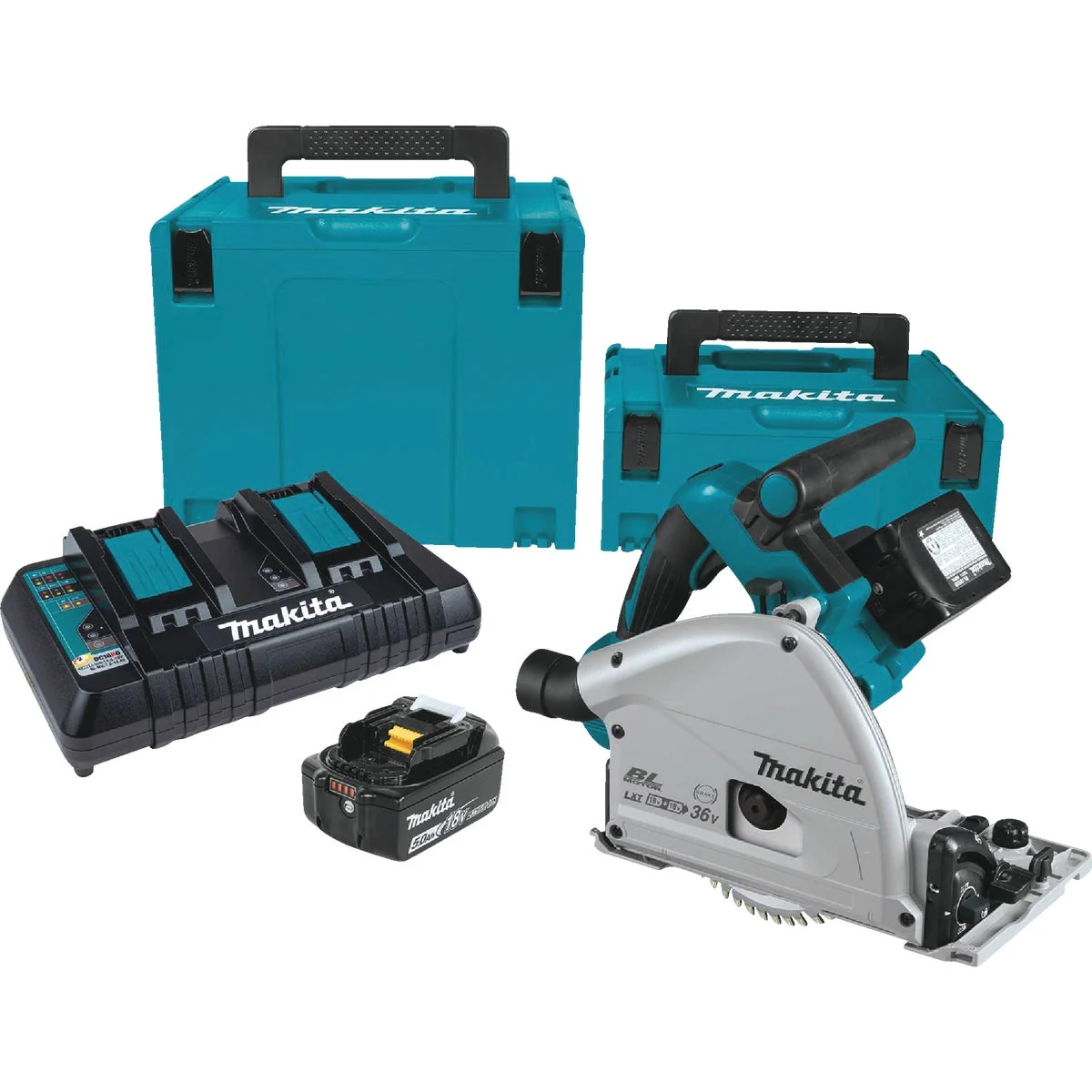 Healthy Makita 18V X2 LXT Brushless 6-1 2 In. Cordless Plunge Track Saw Kit with 2 5.0 Ah Batteries Dual Port Rapid Charger Professional